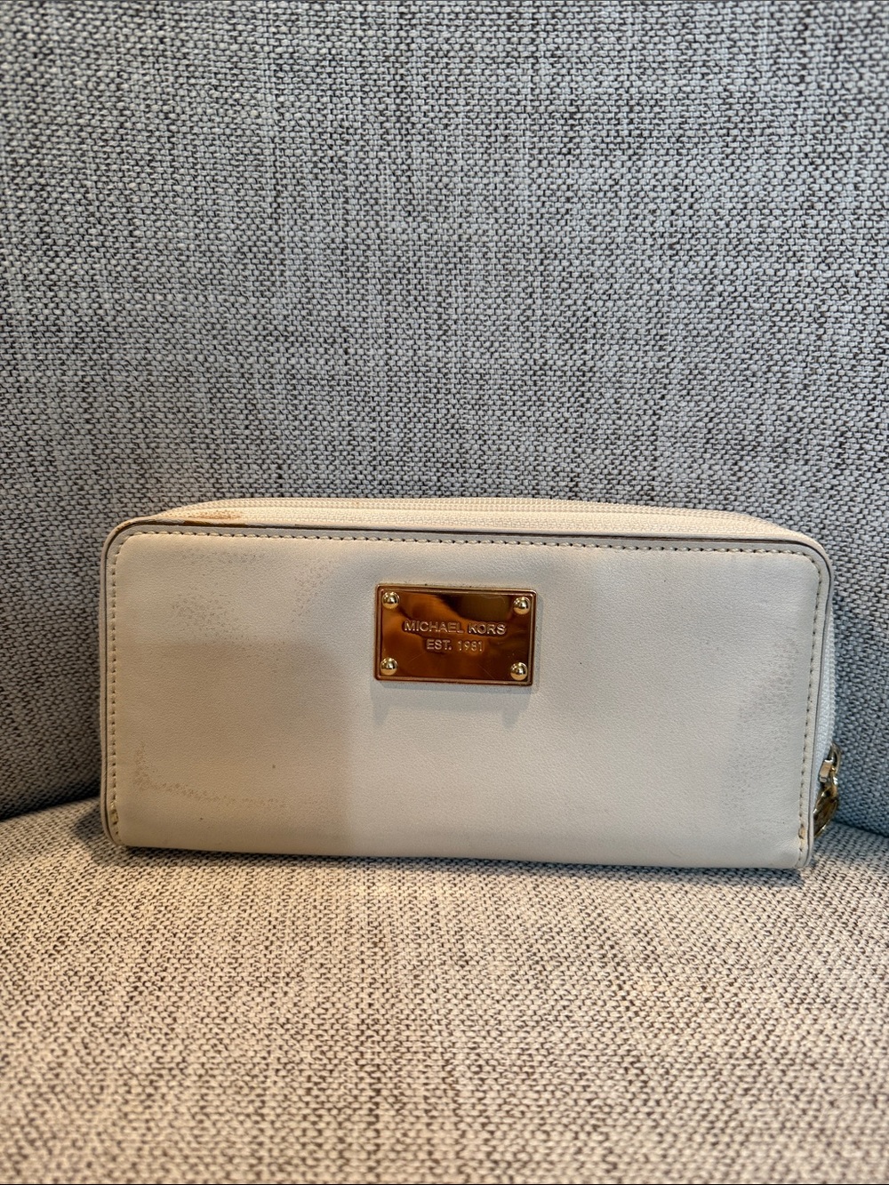 Michael Kors Off-White Leather Zip Wallet with Gold Plaque